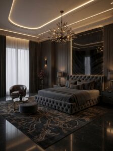 Sage green luxury bedroom with curved headboard wall, built-in greenery, upholstered bed, pendant lights, and warm backlighting