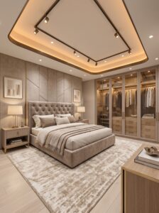 Dark charcoal modern luxury bedroom with tufted bed, statement chandelier, curved ceiling lighting, glossy floor, and rich wall panels