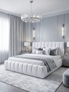 Neutral luxury bedroom with glass wardrobe, tufted bed, beige padded wall panels, warm ceiling lights, bedside lamps, and patterned rug
