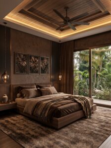 White and silver glam luxury bedroom with upholstered channel bed, crystal chandelier, wall sconces, metallic accents, and soft curtains