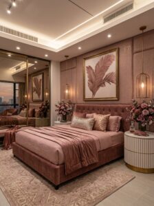 Earthy luxury bedroom with wood ceiling, platform bed, brown bedding, pendant lights, botanical art, and tropical greenery view