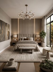 Blush pink luxury modern bedroom with velvet bed, tufted headboard, pendant lights, mirrored wardrobe, floral decor, and gold details