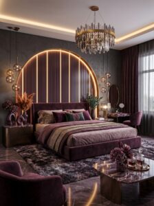 Neutral luxury bedroom with wood slat accent wall, glass globe chandelier, beige bedding, black-framed windows, and modern bench