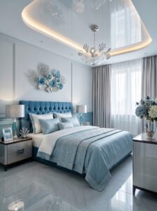 Charcoal and silver luxury bedroom with oversized padded wall panels, gray bedding, pendant lights, mirrored accents, and quilted benches