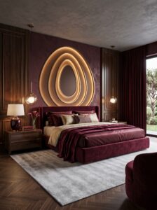 Soft blue modern luxury bedroom with tufted headboard, glossy ceiling, LED lighting, chandelier, coral wall decor, and blue lamps
