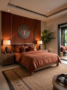 Navy blue luxury bedroom with floral chandelier, velvet bed, matching bench, padded wall panels, gold pillows, and pendant lights