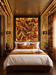 Earthy modern luxury bedroom with natural wood tones, warm lighting, layered bedding, modern furniture, and organic decor