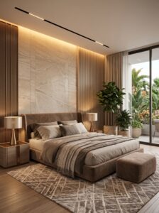 Amber luxury bedroom with dramatic lighting, warm bedding, sculptural lights, glowing wall details, and elegant modern decor