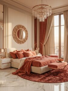 Natural luxury bedroom with soft modern styling, warm wood details, cozy bedding, elegant lighting, and neutral decor