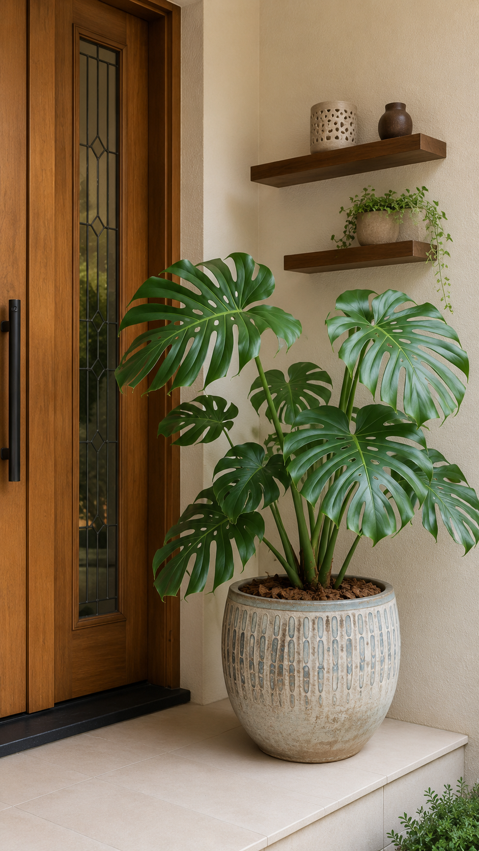Home entrance planter idea with large monstera plant, textured ceramic pot, wooden front door, floating shelves, and modern entryway decor