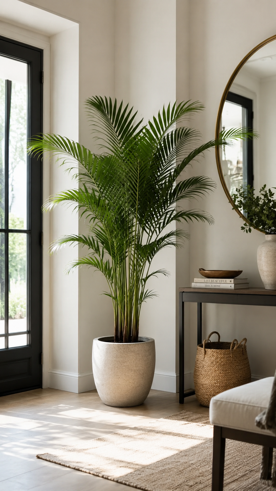 Home entrance planter corner with tall palm-style plant, round white textured pot, black glass door, console table, mirror, woven basket, and jute rug