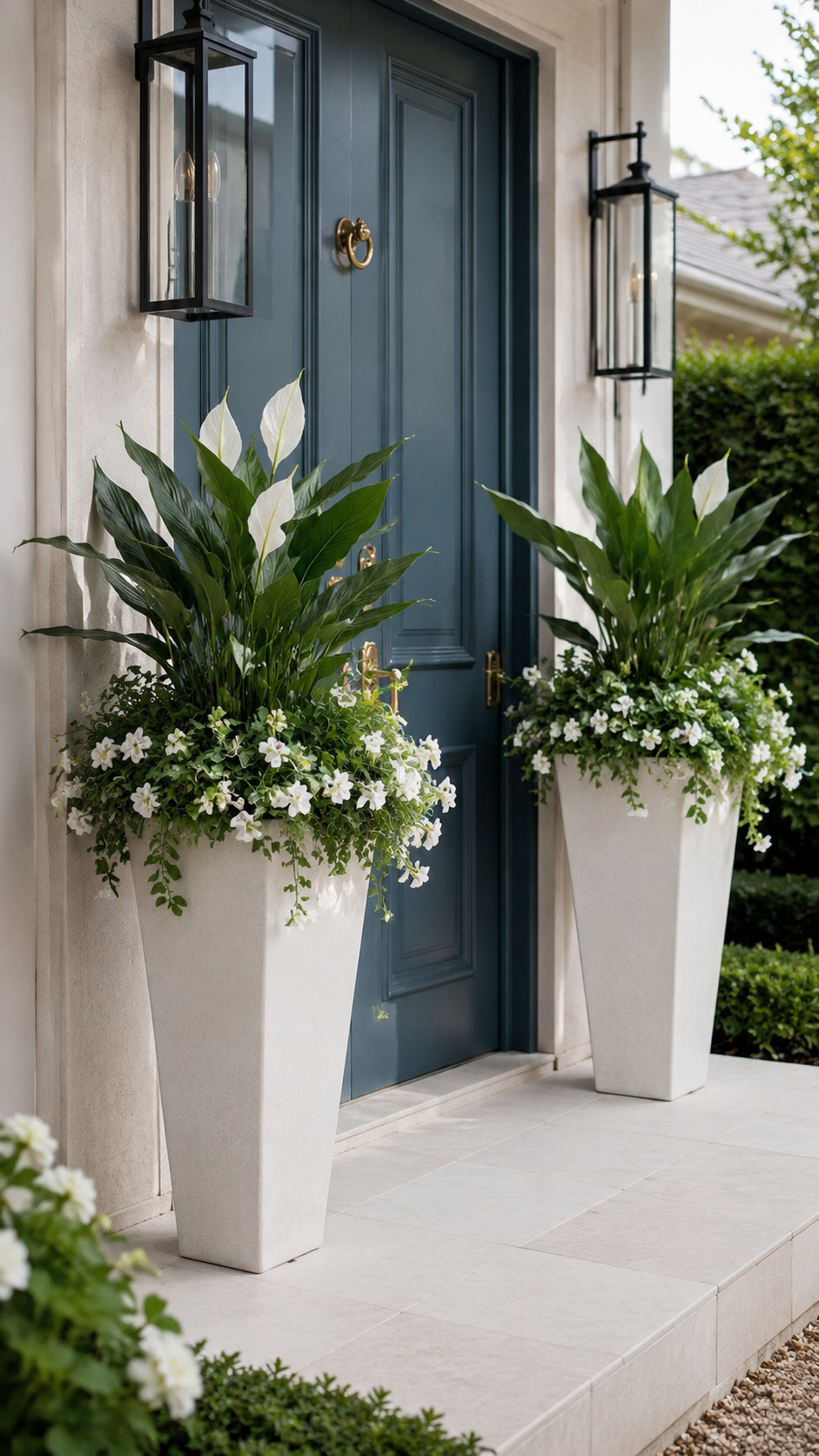 Front door with two tall white tapered planters, green foliage, white flowers, blue door, brass hardware, black lanterns, and elegant porch styling