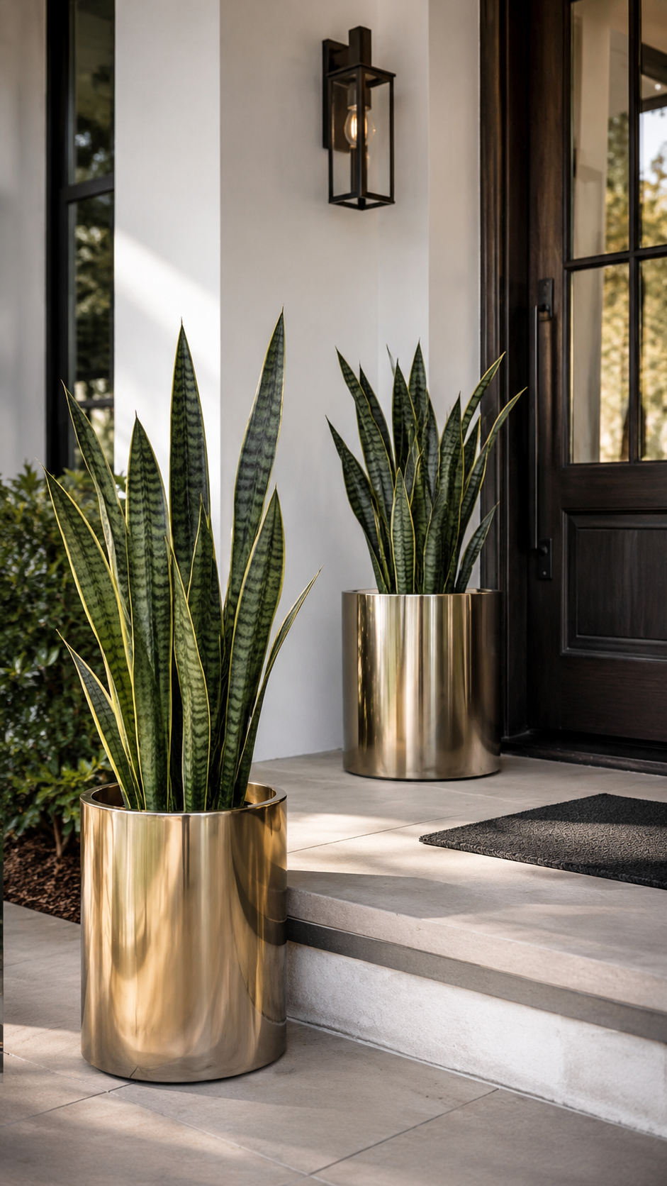 Luxury front entrance with matching gold planters, tall snake plants, dark wood door, black-framed glass, lantern light, tiled porch, and black doormat