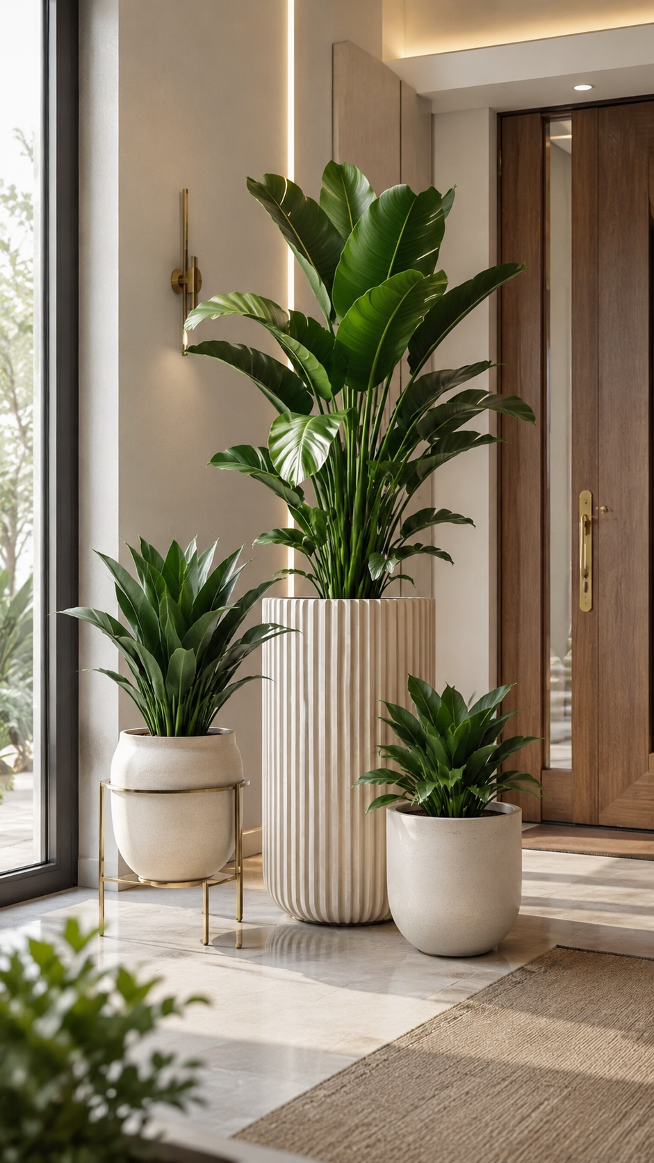 Quiet luxury entryway planter arrangement with tall ribbed white planter, tropical leaves, smaller pots, gold stand, brass sconce, wood door, and marble floor
