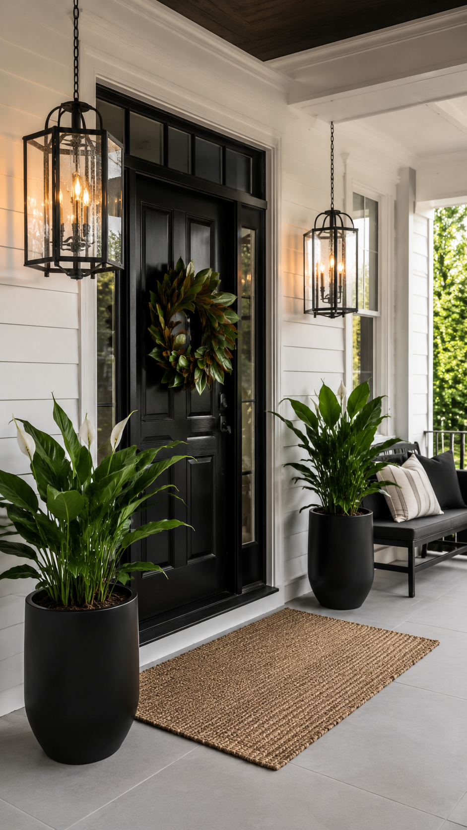 Farmhouse front porch with black door, matching black planters, leafy plants, green wreath, hanging lanterns, bench, woven rug, and white siding