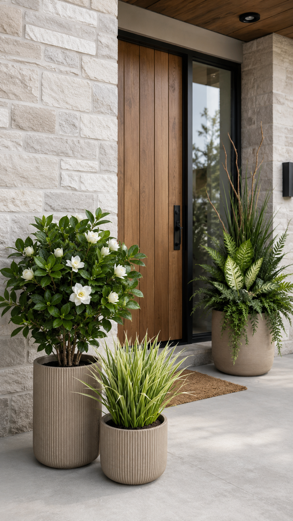 Modern front entry with layered home entrance planters, flowering shrub, ornamental grass, taupe ribbed pots, wooden door, stone wall, and porch decor