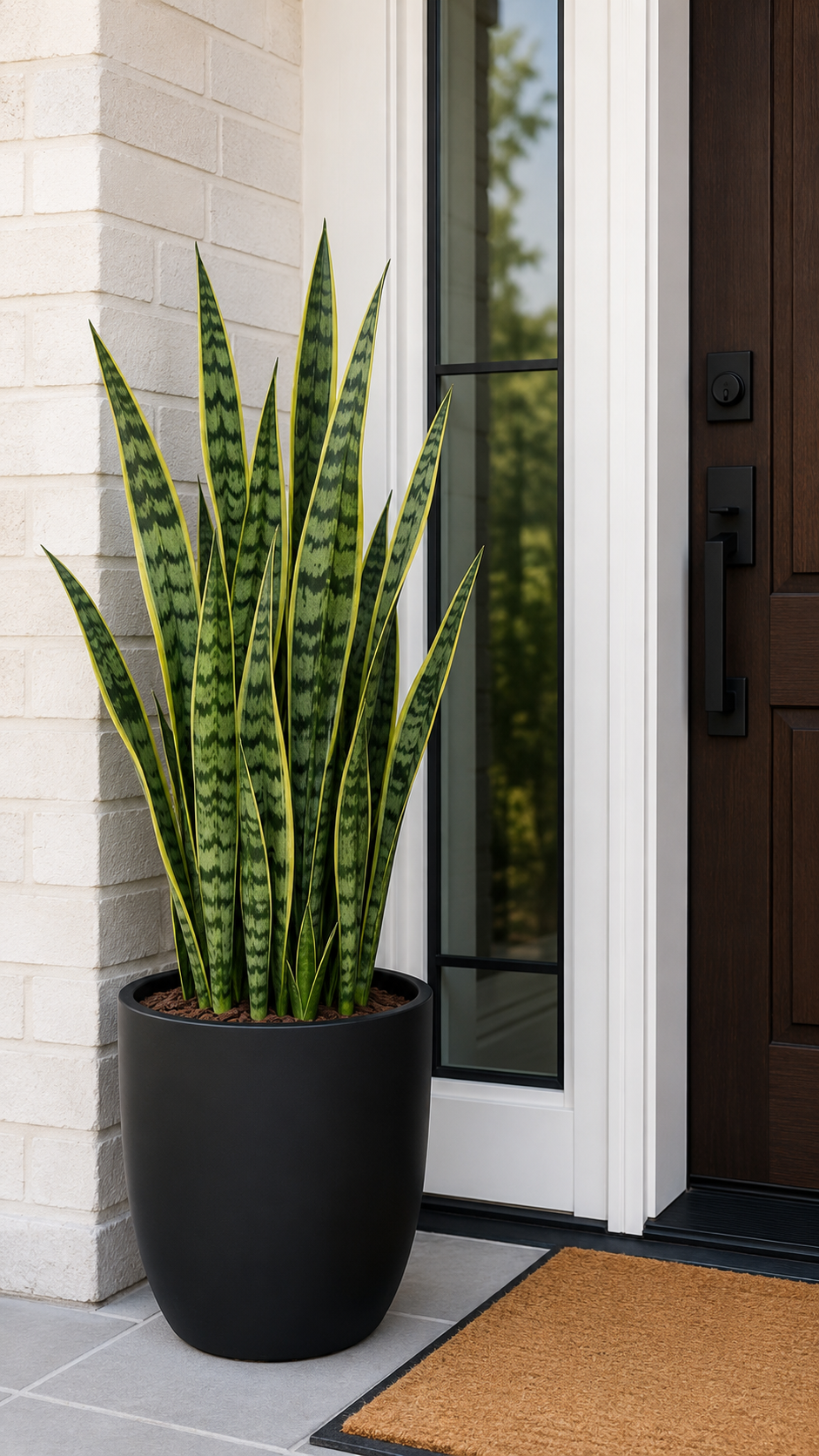 Modern home entrance planter with snake plant, matte black round pot, white brick wall, dark wood front door, glass side panel, gray tile, and doormat