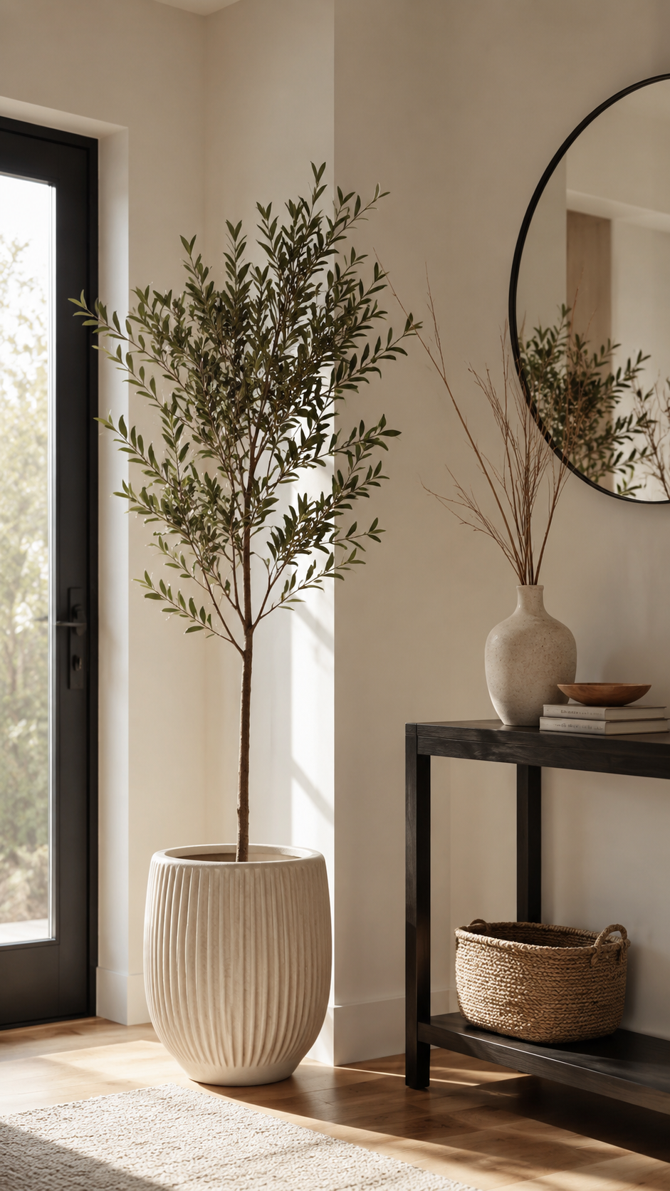 Indoor entryway with tall tree in creamy ribbed ceramic planter, black glass door, console table, round mirror, woven basket, wood floor, and neutral decor