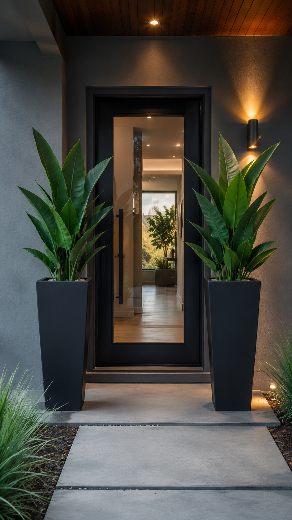 Evening modern entrance with two tall black tapered planters, leafy tropical plants, gray textured walls, warm wall lights, wood ceiling, concrete walkway, and glass door
