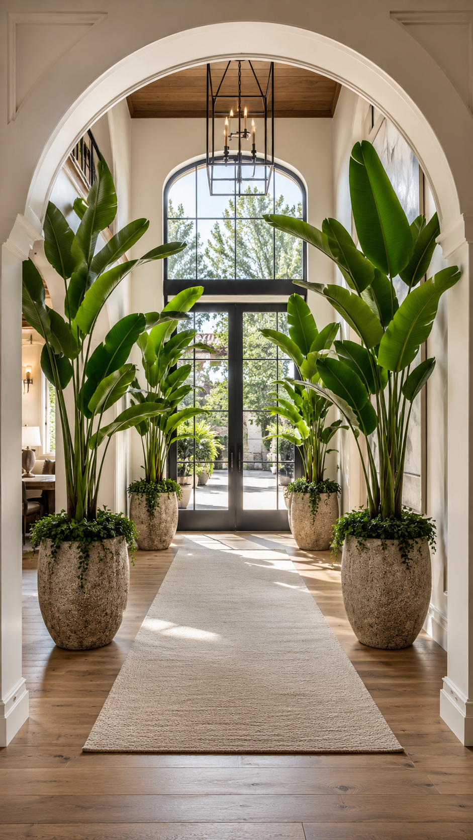 Grand indoor entryway with oversized stone planters, tall tropical plants, arched hallway, wood floor, runner rug, black chandelier, and bright glass doors
