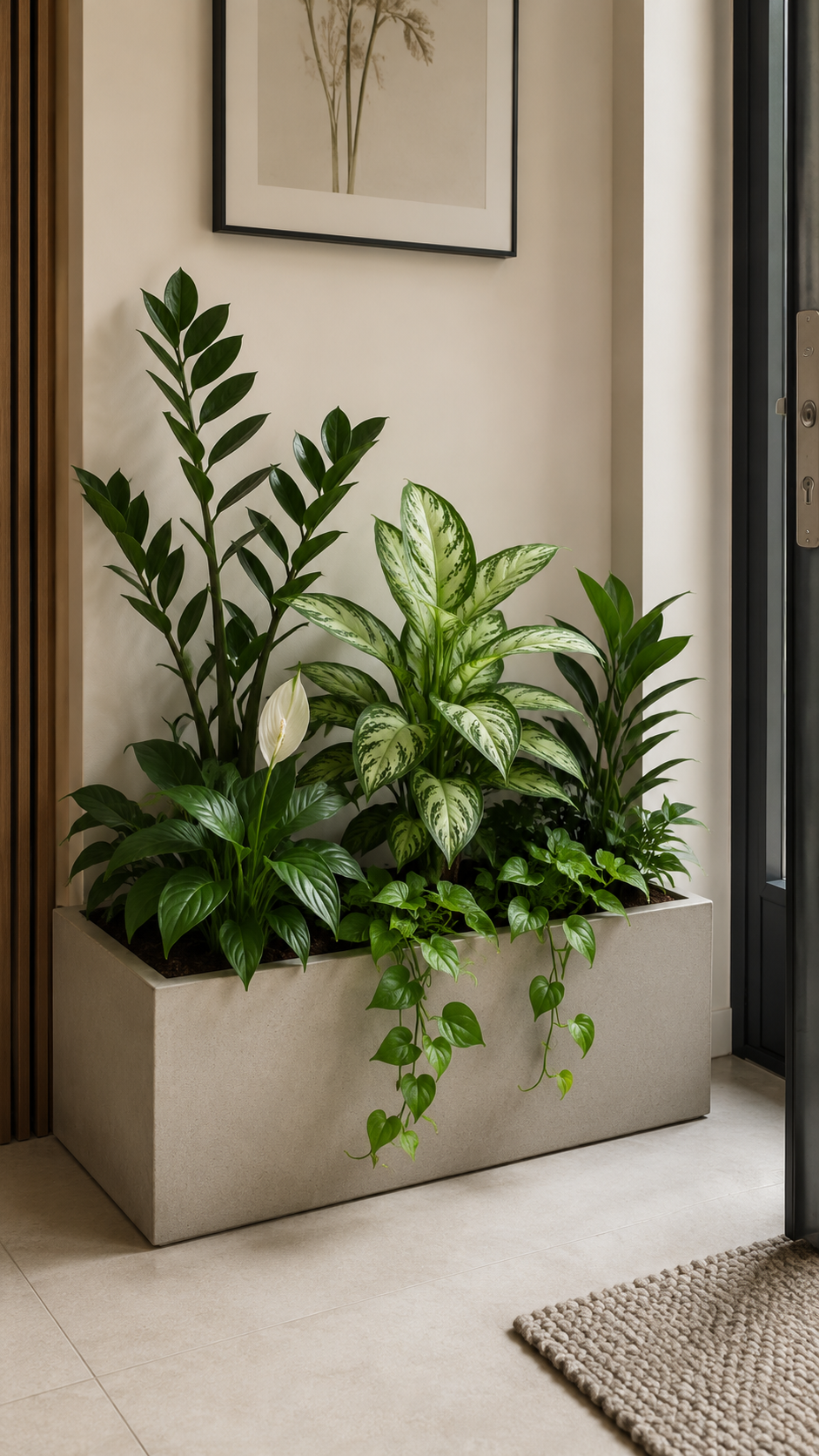 Entryway corner with long rectangular planter, mixed greenery, trailing vines, white bloom, botanical artwork, black glass door, tiled floor, and rug