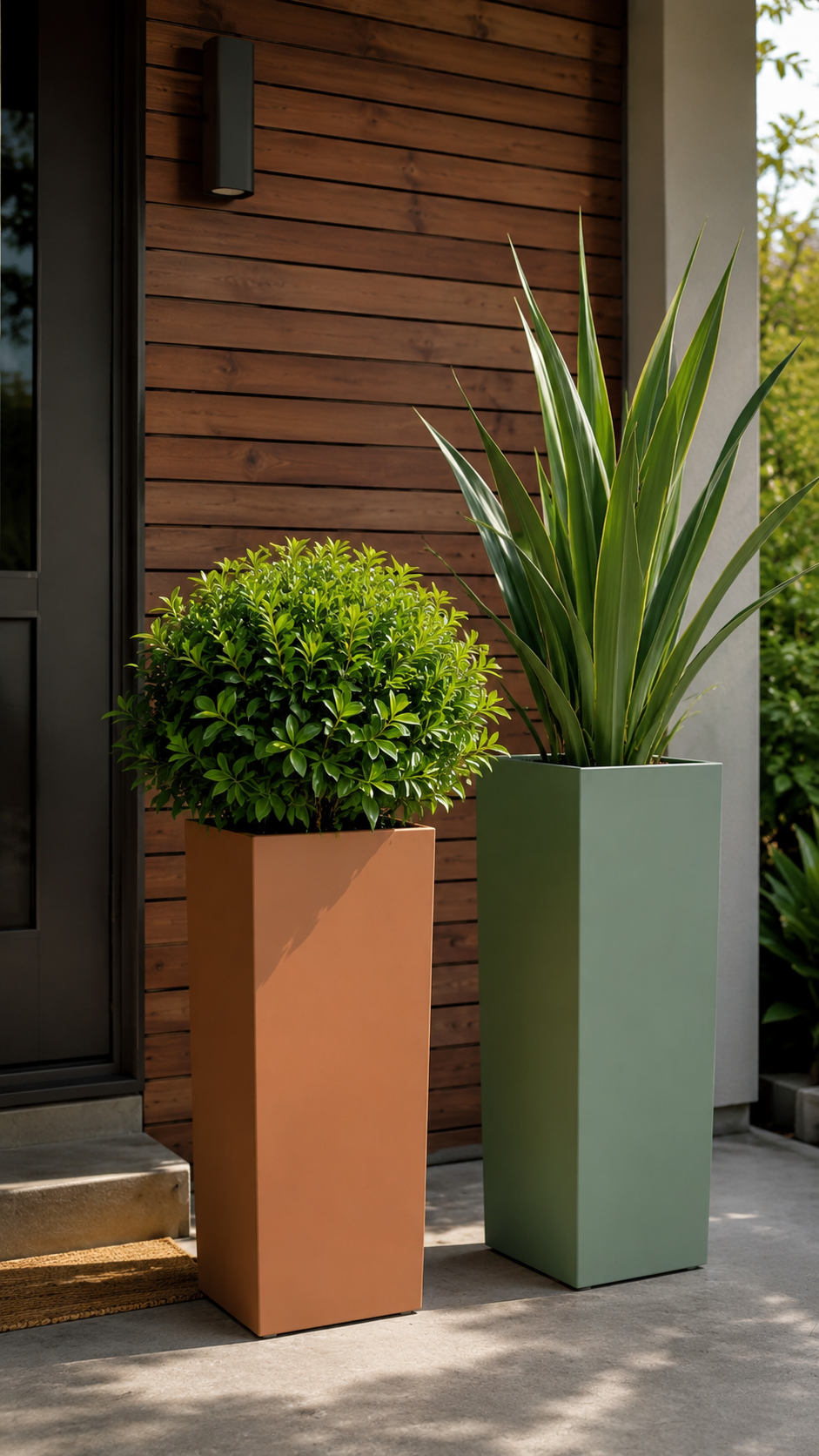 Front porch with colorful statement planters, terracotta pot, sage green planter, round shrub, spiky plant, wood wall, black door, and modern outdoor decor
