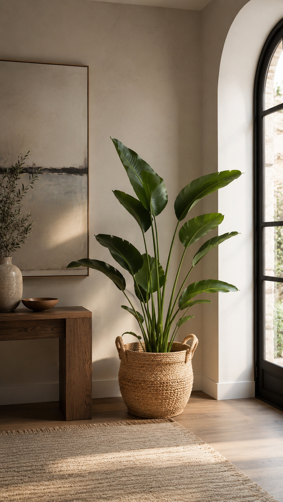 Natural entryway planter with large leafy plant in woven basket, arched doorway, console table, mirror, wood flooring, neutral rug, and soft daylight