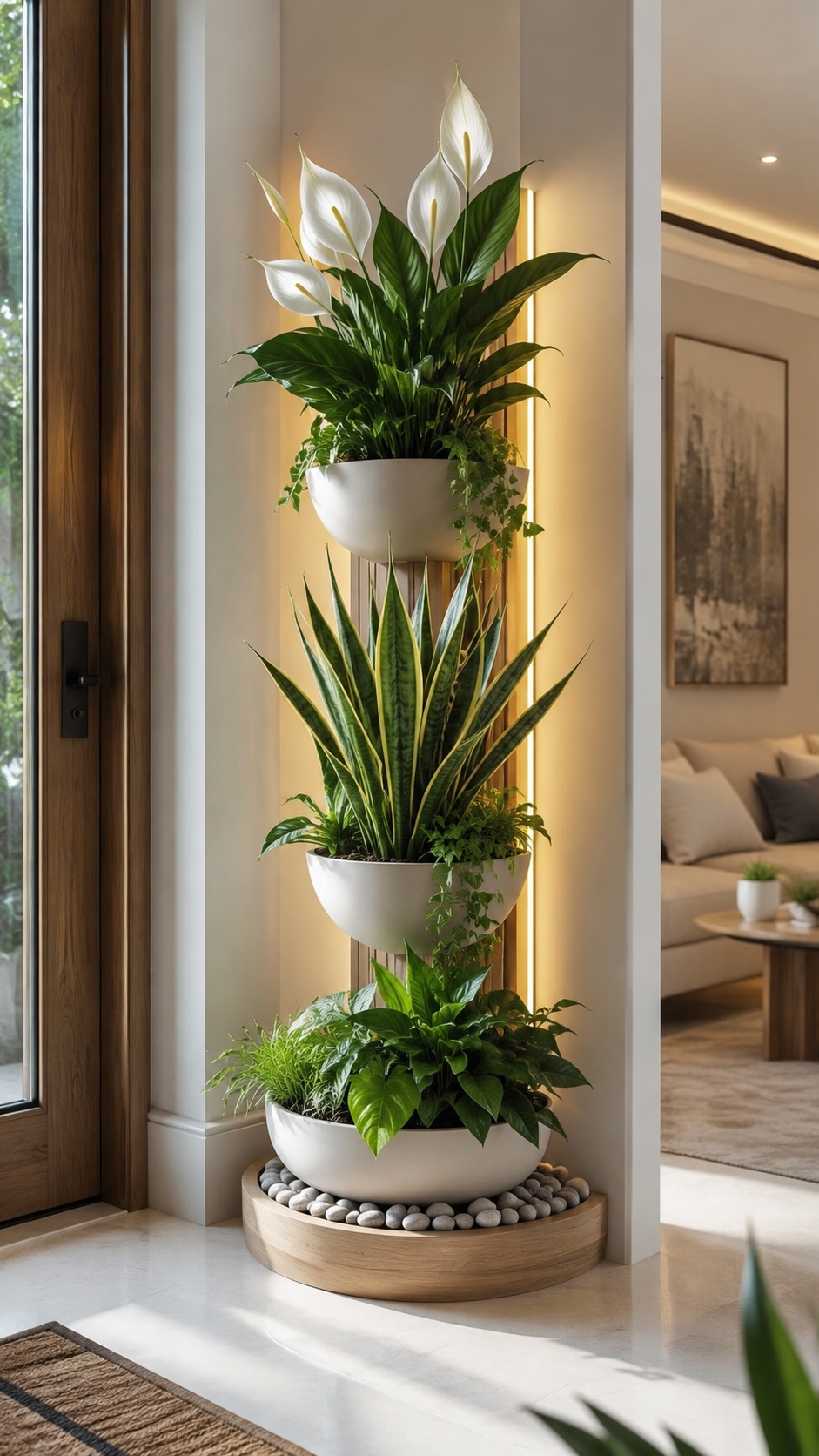 Vertical home entrance planter with stacked white bowls, peace lily leaves, snake plant, trailing vines, wood panel, bench, and modern entryway decor