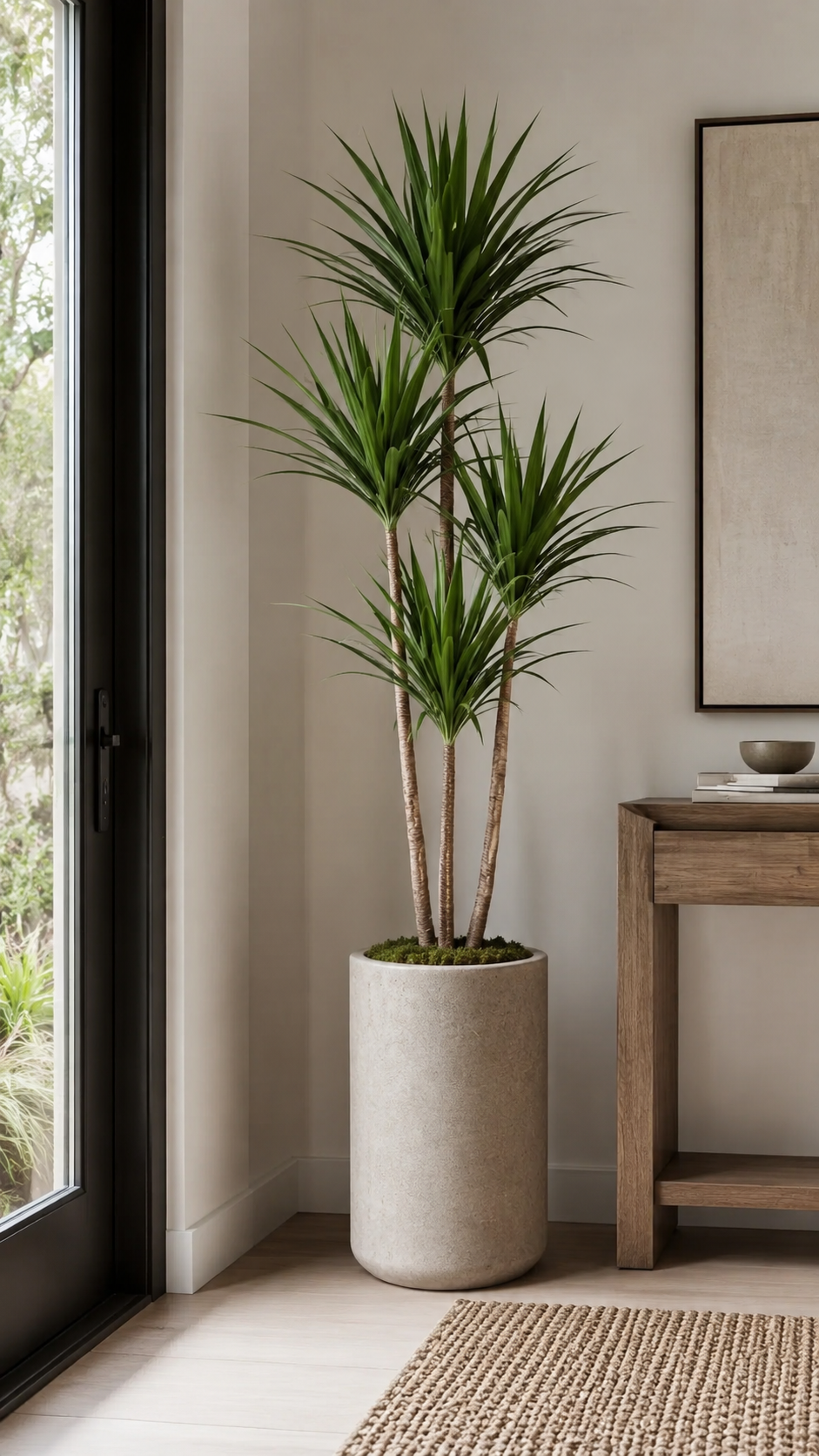 Tall green entry planter with slim indoor tree, stone-textured round pot, black glass door, wooden console table, mirror, rug, and modern neutral styling