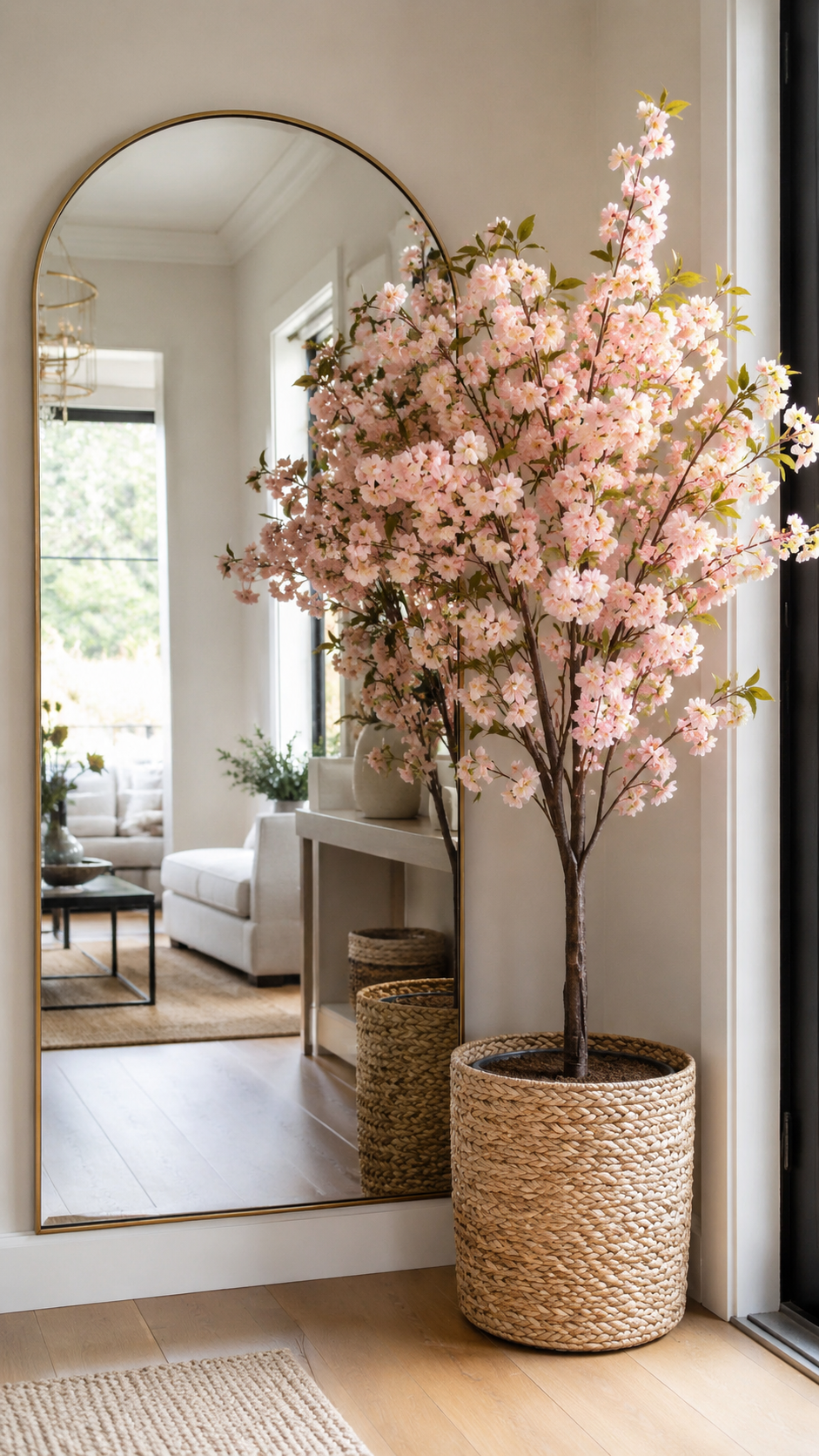 Home entrance planter with pink blossom tree, woven basket pot, light wood floor, neutral walls, console decor, and soft romantic entryway styling