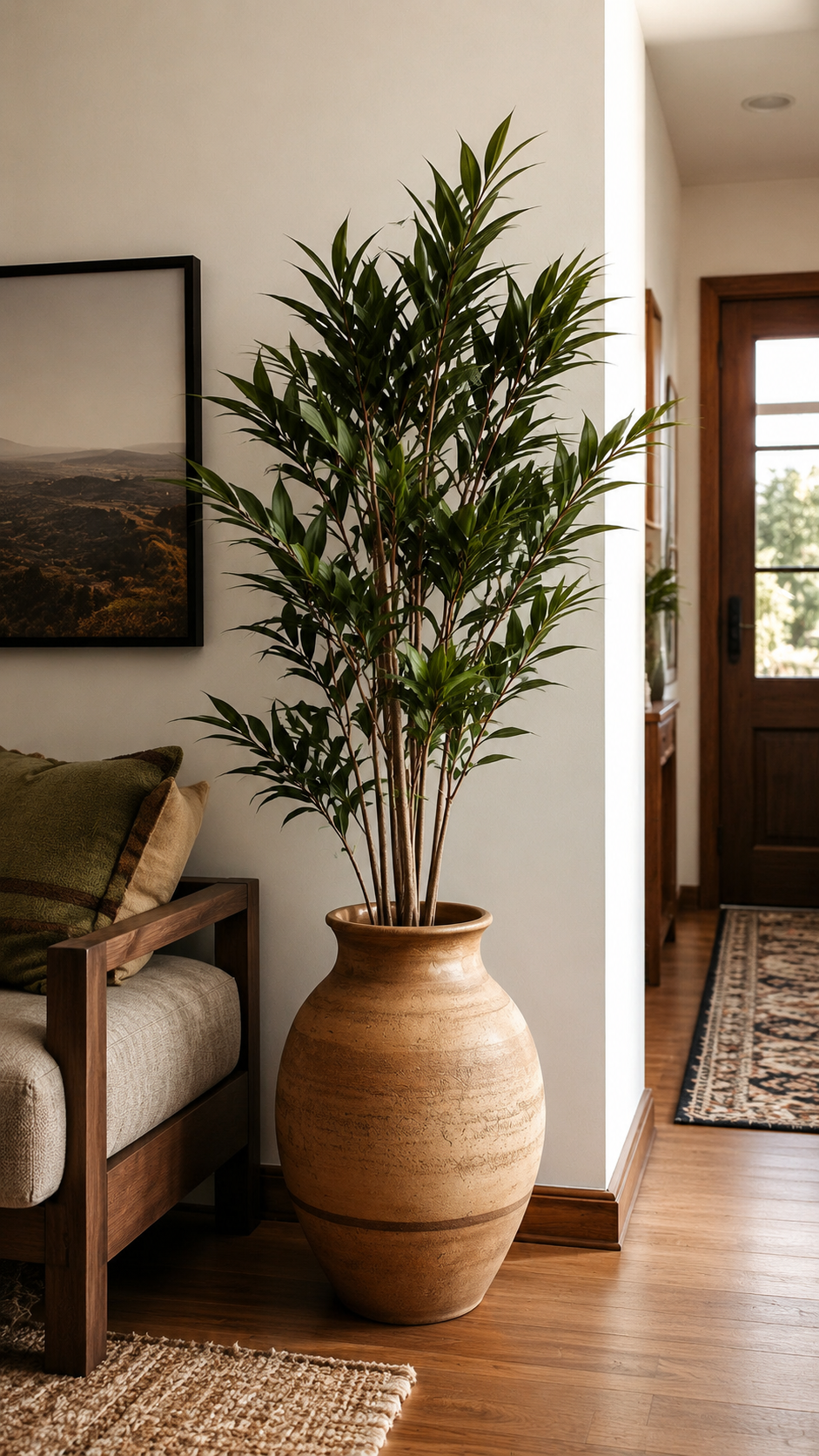 Warm entryway with terracotta-style planter, tall leafy plant, wood door, honey wood floor, seating area, cream walls, and cozy natural decor