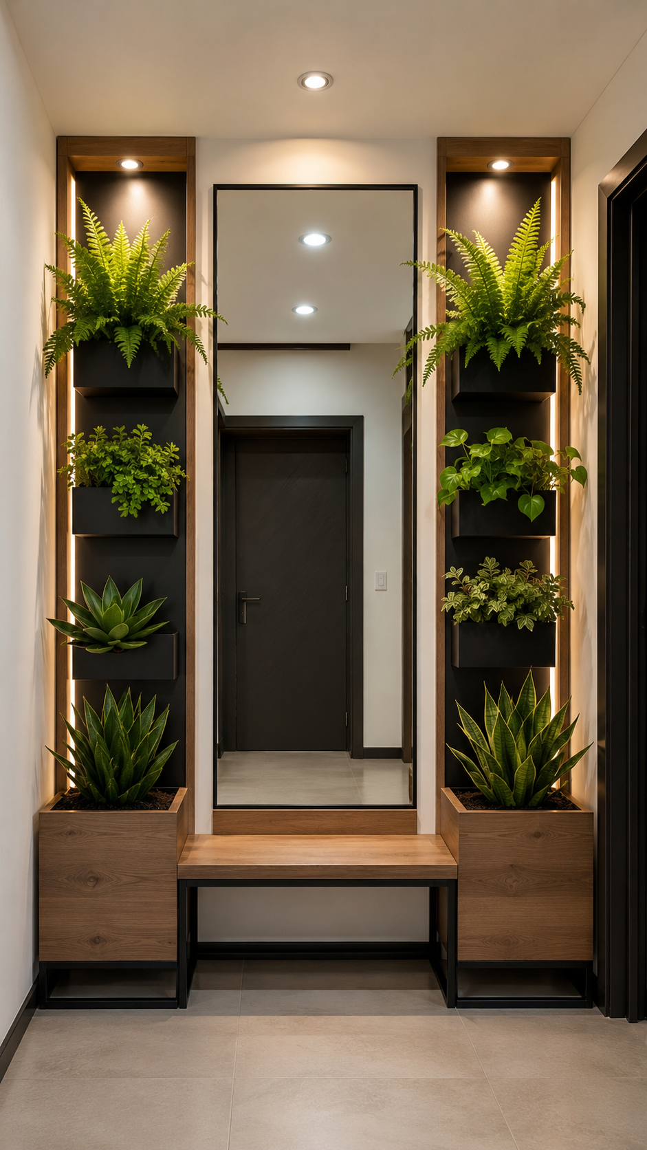 Entryway green feature wall with black framed mirror, wood planter towers, black floating boxes, ferns, trailing vines, compact plants, and modern decor