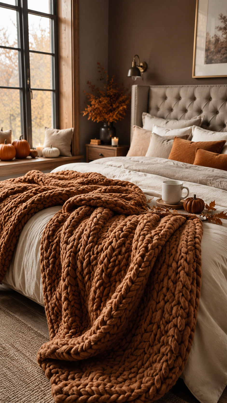 Cozy fall bedroom with oversized chunky knit blanket, rust bedding accents, pumpkins, tray with mug, candles, autumn window view, and textured rug