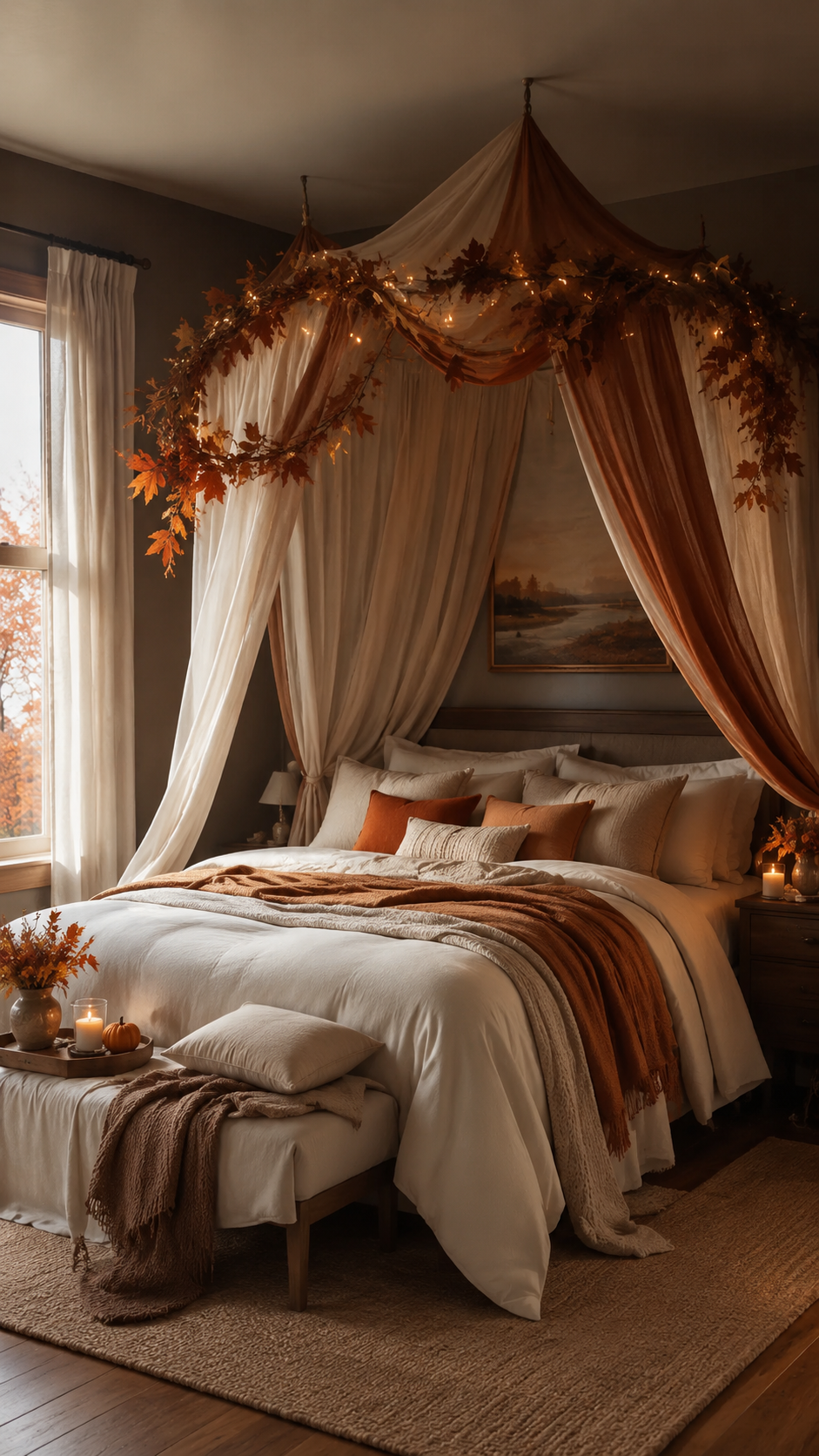 Fall bedroom with harvest-style canopy, white and orange fabric, autumn leaf garlands, string lights, bench, pumpkins, candles, and rust bedding