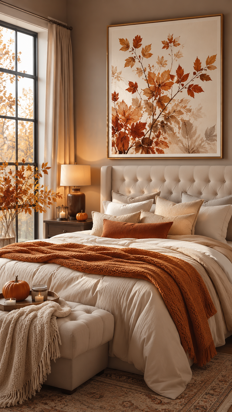 Fall bedroom with large autumn leaf artwork, white bedding, rust throw blanket, pumpkins, bench, candles, wooden nightstand, and warm lighting