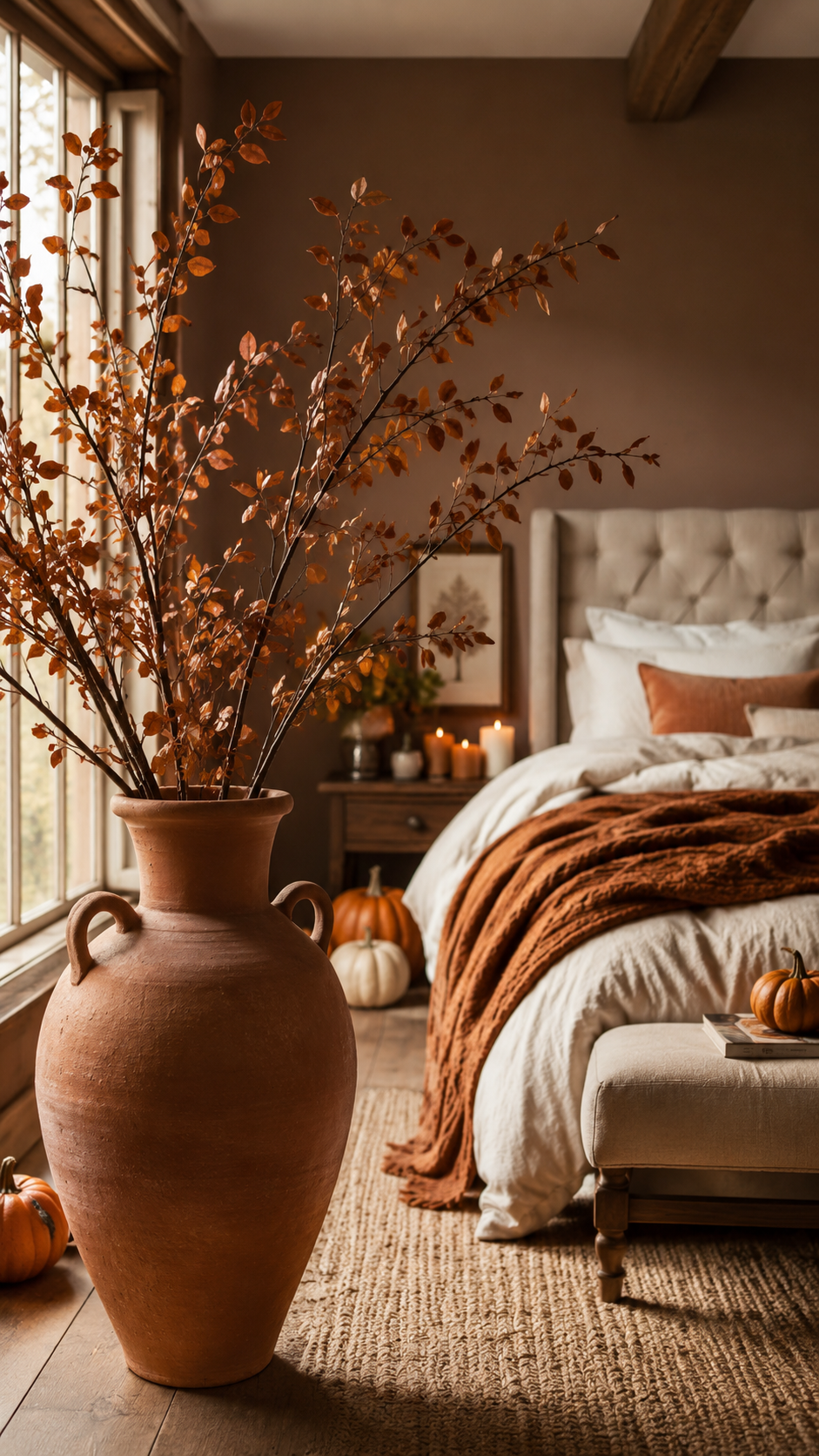 Fall bedroom with large terracotta vase, autumn branches, white bedding, rust throw, pumpkins, bench, candles, wood trim, and rustic modern decor