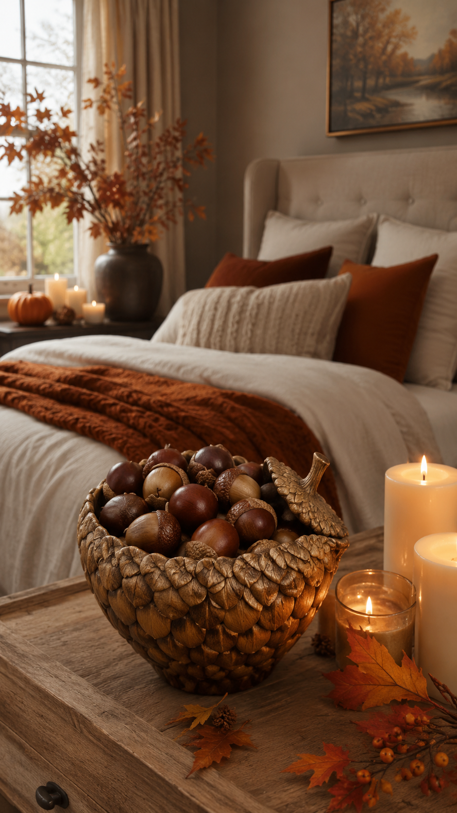 Fall bedroom dresser with acorn-filled bowl, candles, autumn leaves, pinecones, orange berries, white bedding, rust pillows, and warm decor