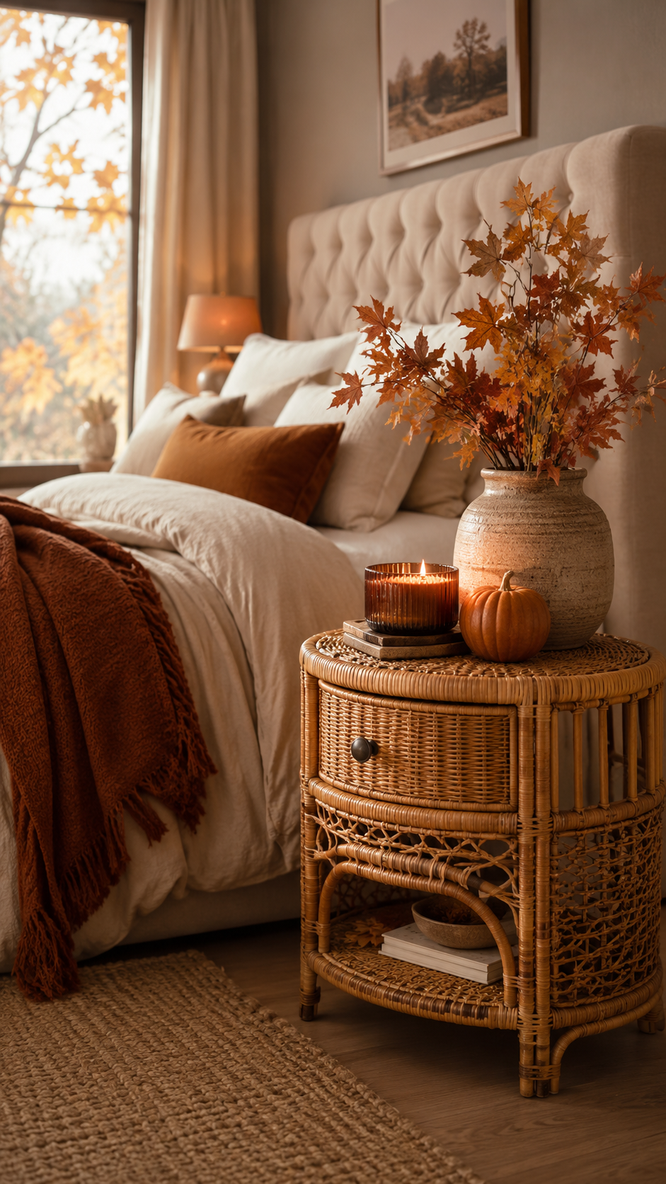 Fall bedroom with rattan bedside table, orange maple leaves, amber candle, small pumpkin, white bedding, rust throw, woven rug, and beige curtains