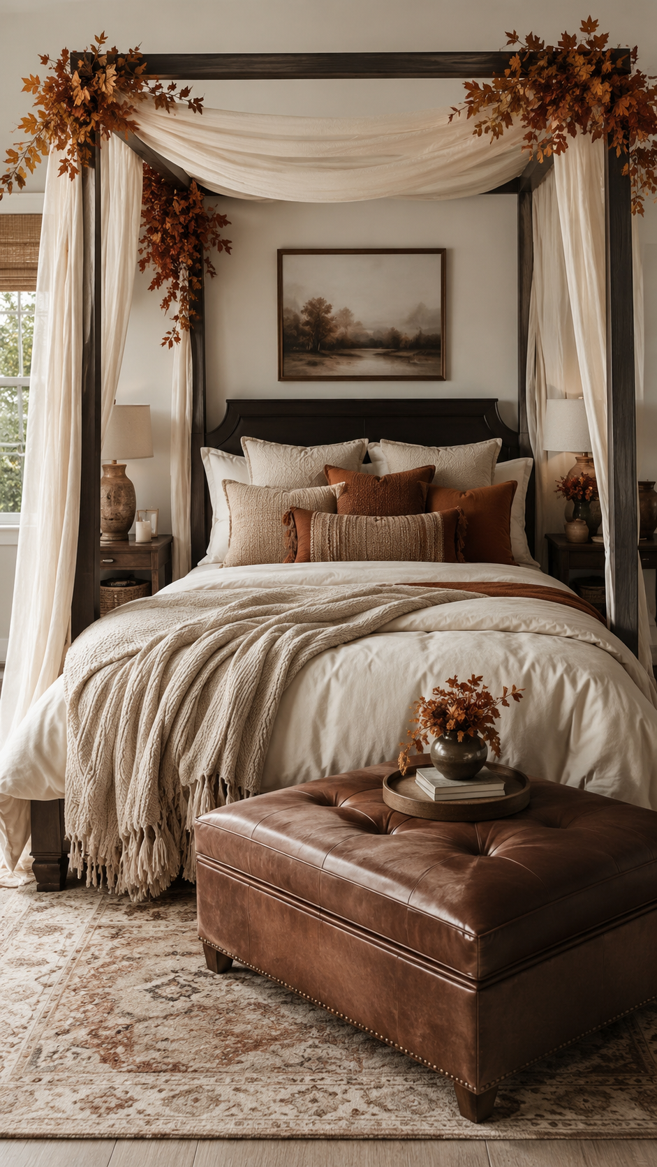 Fall canopy bedroom with dark wood frame, autumn leaf garlands, white bedding, rust pillows, leather ottoman, tray, candles, and landscape art