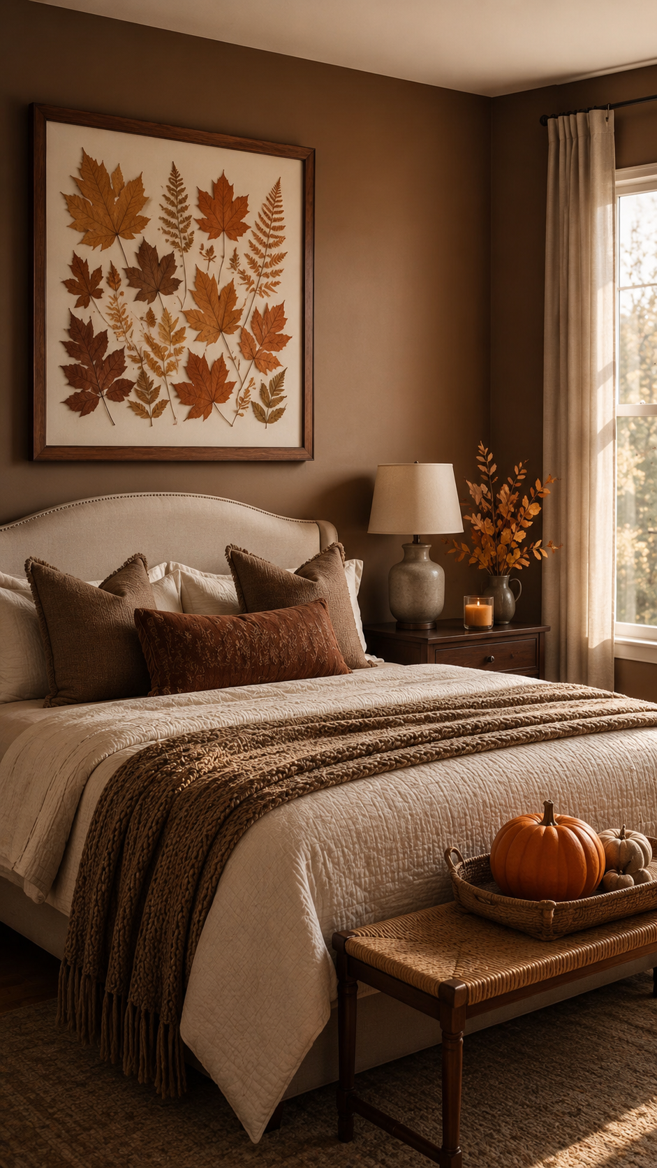 Fall bedroom with pressed leaf artwork, white bedding, brown throw, wooden nightstand, candle, autumn branches, woven bench, pumpkins, and patterned rug