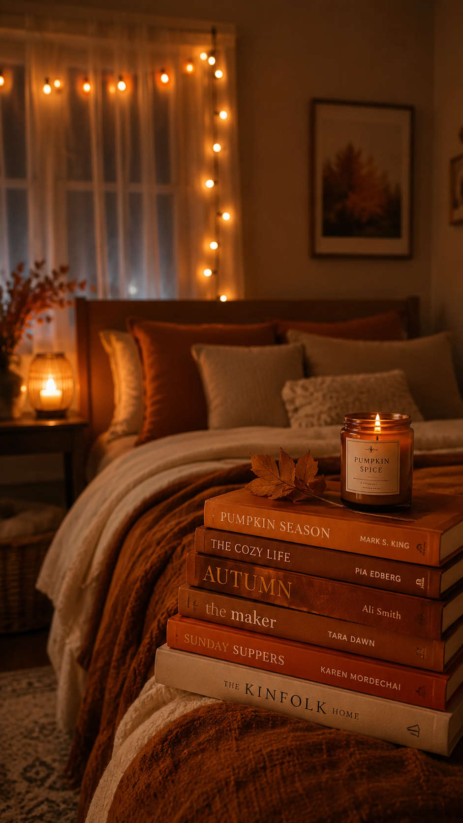 Fall bedroom with autumn book stack, pumpkin spice candle, dried leaf, warm blankets, string lights, rust bedding, and cozy evening decor