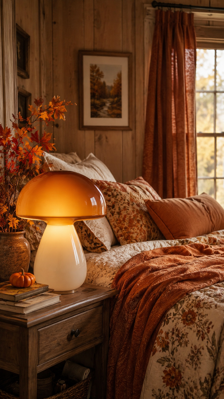 Fall bedroom with mushroom table lamp, wood-paneled walls, floral bedding, rust curtains, pumpkins, autumn branches, and vintage nightstand decor