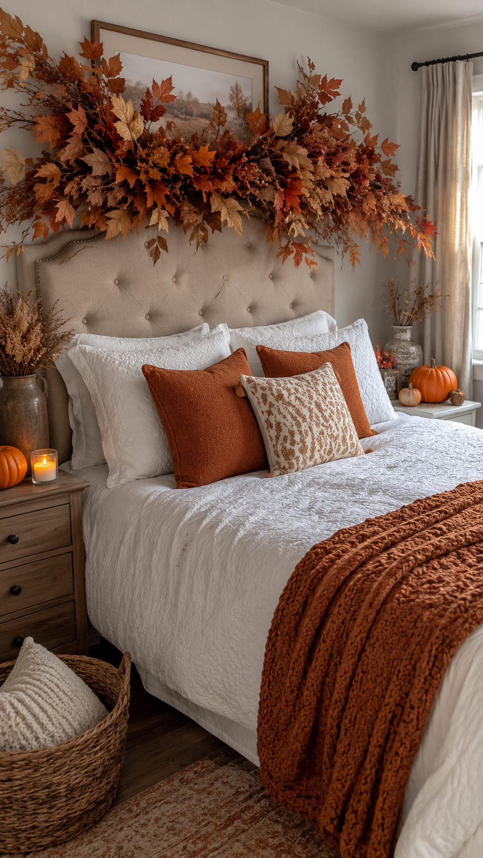 Fall bedroom with autumn leaf garland above headboard, white bedding, orange pillows, chunky throw, rustic nightstands, pumpkins, candles, and woven basket