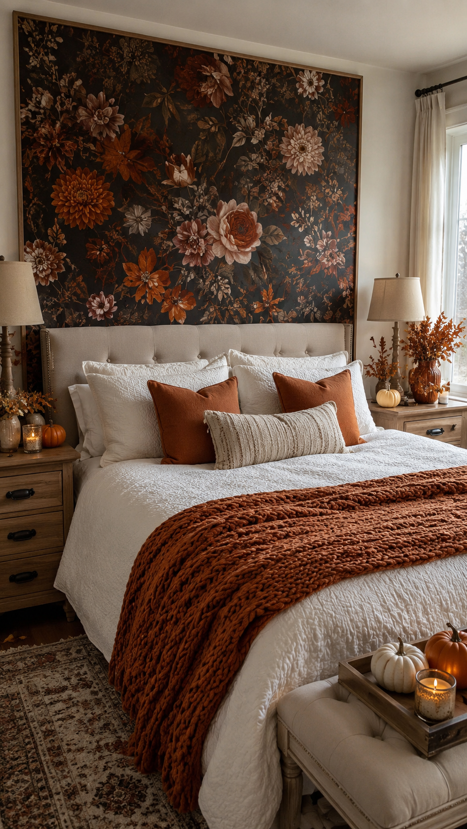 Fall bedroom with moody floral wall panel, white bedding, rust throw, wooden nightstands, pumpkins, candles, bench, and patterned rug