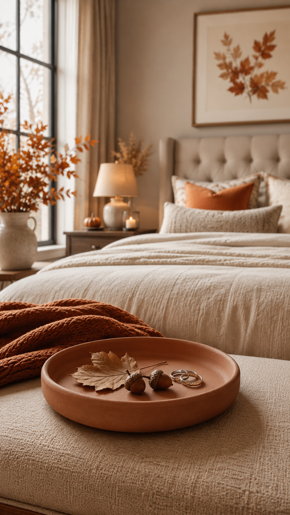 Fall bedroom with clay trinket dish, dried autumn leaf, acorns, rings, rust throw, tufted headboard, pumpkins, branches, and warm lamp