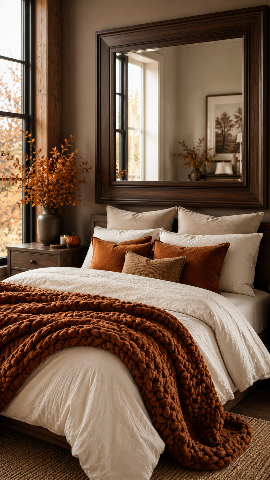 Fall bedroom with dark wood mirror, white bedding, chunky rust throw, wooden nightstand, autumn branches, pumpkin, candle, and woven rug