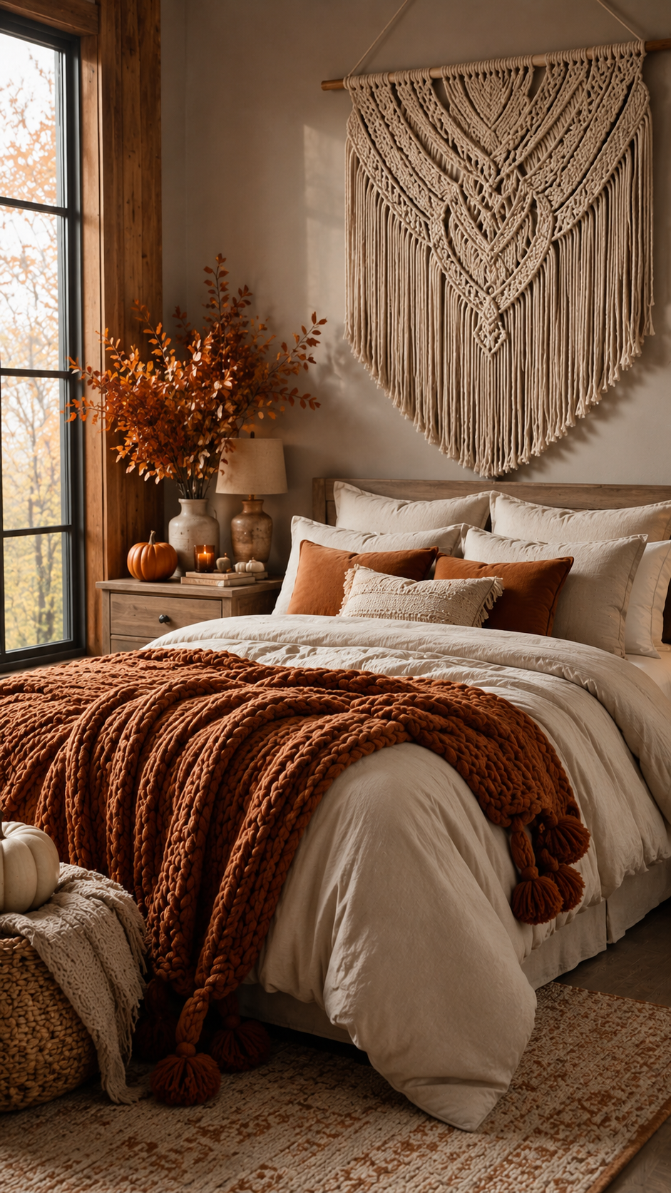 Boho fall bedroom with macrame wall hanging, white bedding, orange pillows, chunky knit throw, autumn branches, pumpkins, basket, and patterned rug