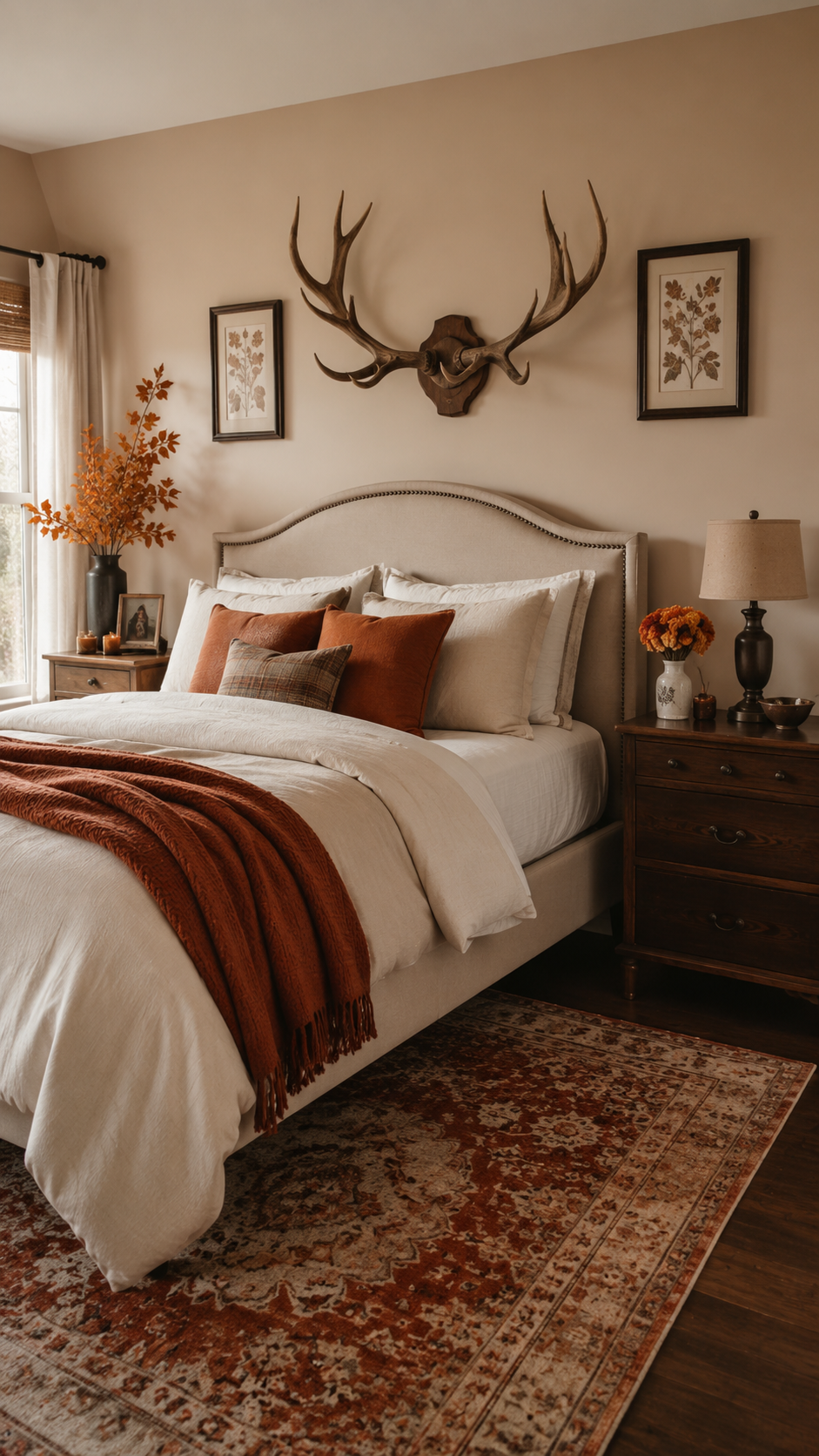 Rustic fall bedroom with antler wall decor, botanical prints, white bedding, rust blanket, wood dresser, candles, flowers, and patterned rug