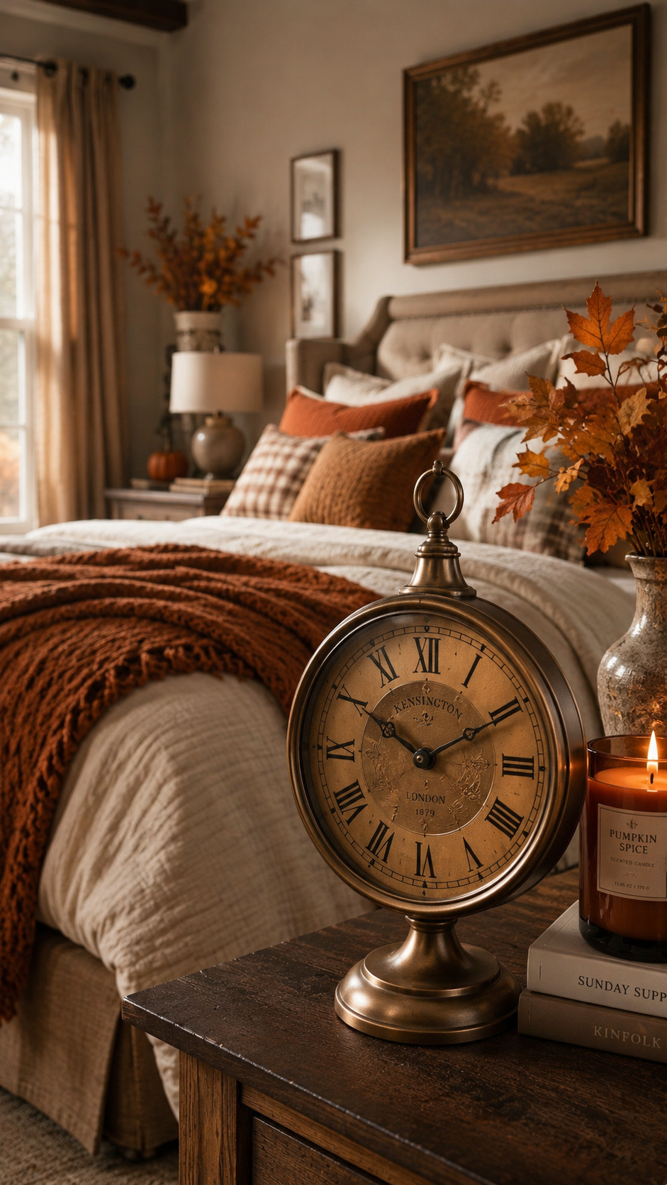 Fall bedroom with bronze table clock, pumpkin spice candle, stacked books, orange leaves, white bedding, plaid pillows, and vintage bedside decor
