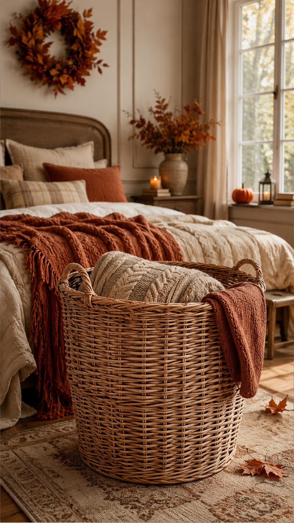 Fall bedroom with wicker laundry basket, cream blankets, orange throw, white bedding, autumn wreath, candles, pumpkins, branches, and vintage rug